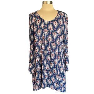 Mossimo Supply Co. Navy Burgundy Print Flare Sleeve Tunic LARGE Boho Casual Fall